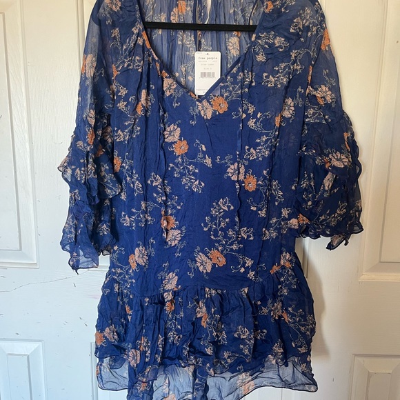 Free People Sunsetter Printed Peasant Blue Floral Combo Dress - Picture 2 of 4